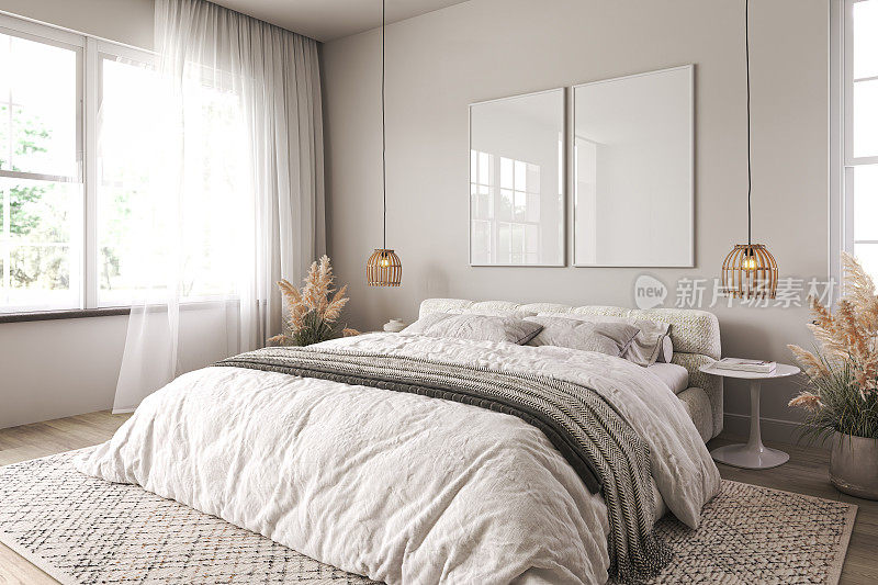 垂直两框架模型在波西米亚卧室室内，木地板和白色床。米色毯子，靠垫和干草。墙上的篮子和柳条灯。3 d渲染。高质量3d插图